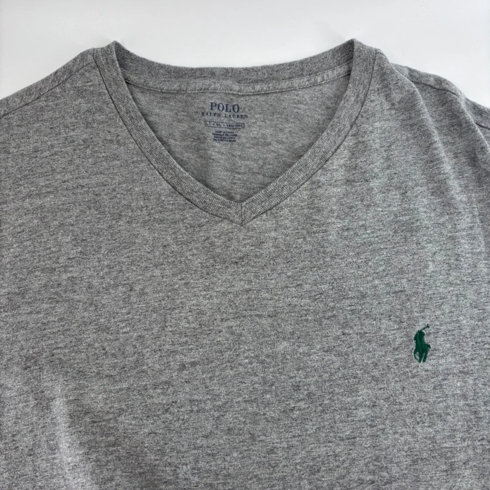 Polo Ralph Lauren T-Shirt Mens LT‎ Grey V-Neck Cotton Heathered Pony Logo Tee